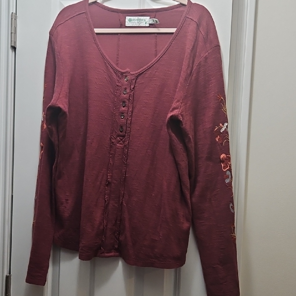 Anthropologie Burgundy Button Up Shirt with Embroidery